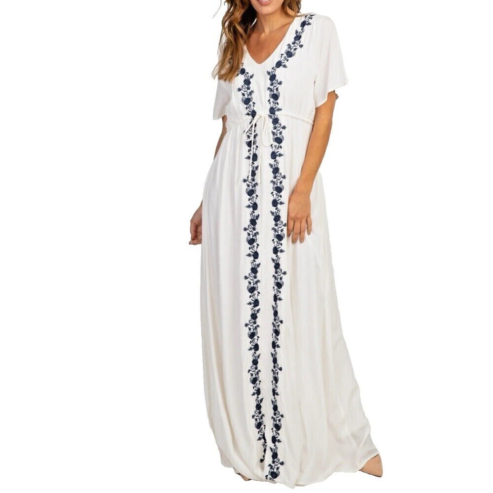 Polagram Ivory embroidered chinched floral short sleeve tie maxi dress size S